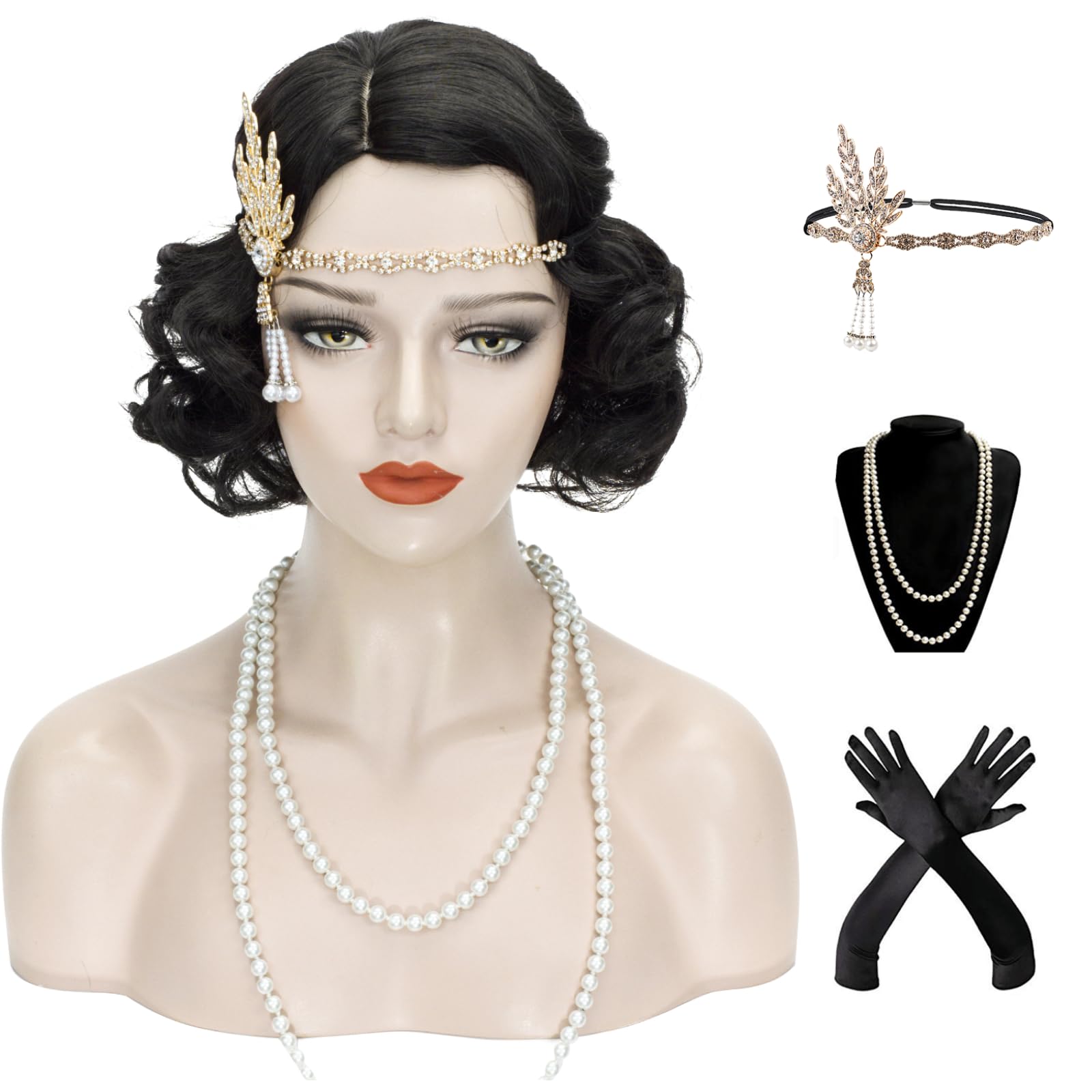 Wiggy Mermaid Finger Wave Wig Women Black 1920s Vintage Flapper Wig Lady Short Curly Wig Halloween Party Cosplay Costume Synthetic Hair + Wig Cap