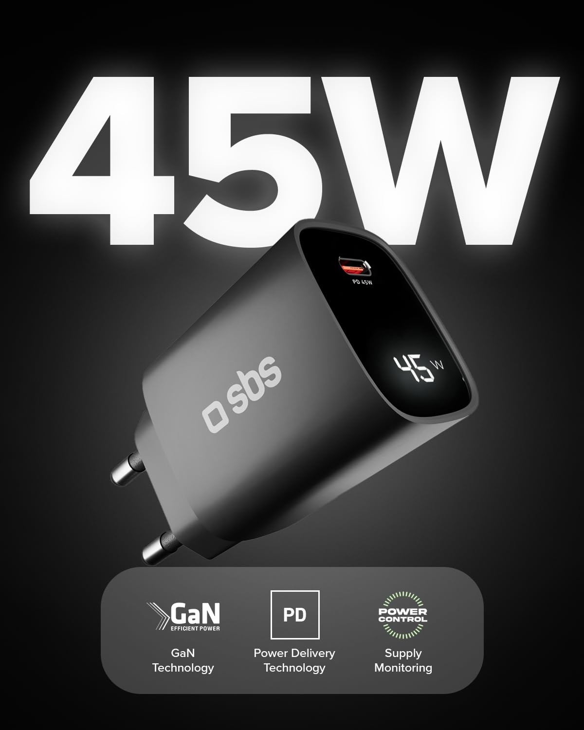 SBS Zasilacz LCD USB-C 45W, GaN Technology, Power Delivery (PD 3.0 PPS), Szybkie ładowanie, Wyświetlacz LCD, ładowarka do iPhone, iPad, AirPods, MacBook, Notebooka, Android, Tabletu, Czarny