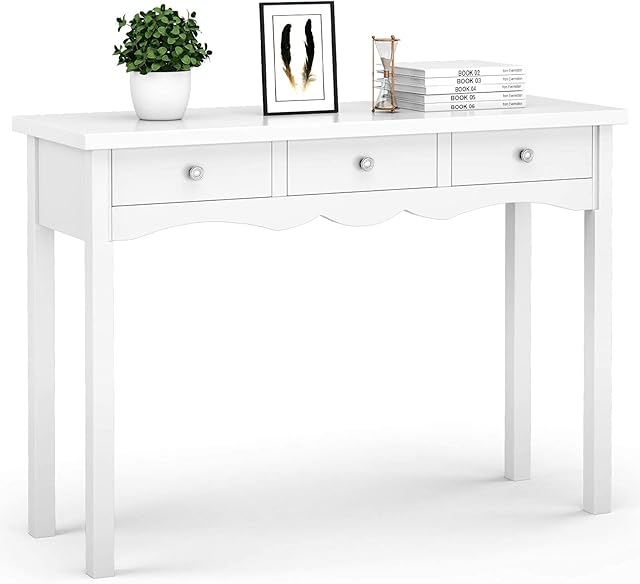 COSTWAY Console Table, Modern Accent Sofa Side Table with 3 Drawers, Home Bedroom Living Room Entryway Hallway Narrow Dressing Table Computer Writing Desk (White)