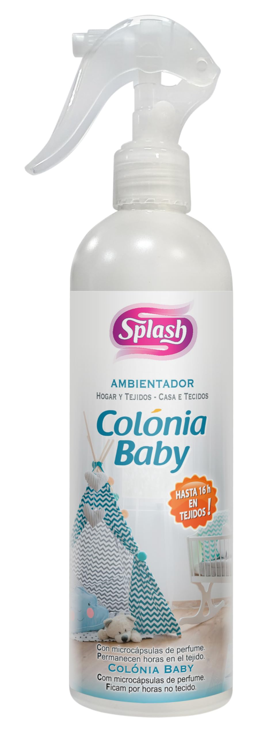 SPLASH | Ambientador para Hogar y Tejidos | Fragancia Colonia Baby | Pulverizador Spray | Microcápsulas de Perfume | 400 ml