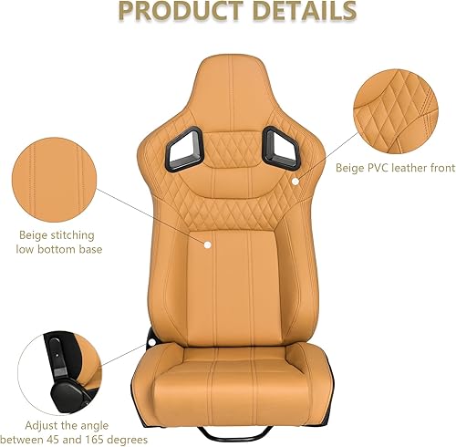 Miniatura 4 de Asientos universales para carreras, cuero de PVC beige, reclinable, con doble deslizador, asiento inferior bajo (no incluye soporte de asiento)
