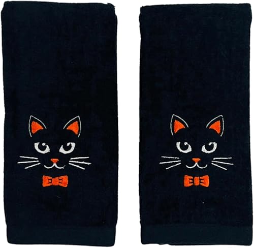 Fall Home Decor - Toallas de mano para Halloween con diseño de gato negro bordado, algodón aterciopelado de felpa negra, 18 x 12 pulgadas, juego de 2