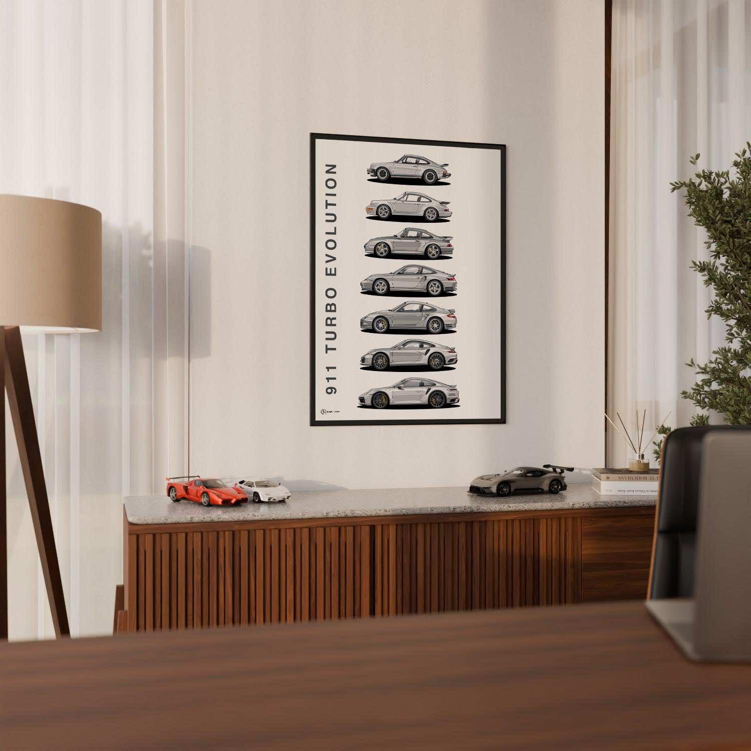 Cartistry Auto Poster 911 Turbo Generationen (70x50cm, Holzrahmen Schwarz) | Geschenk für Männer, Geschenk für Autoliebhaber