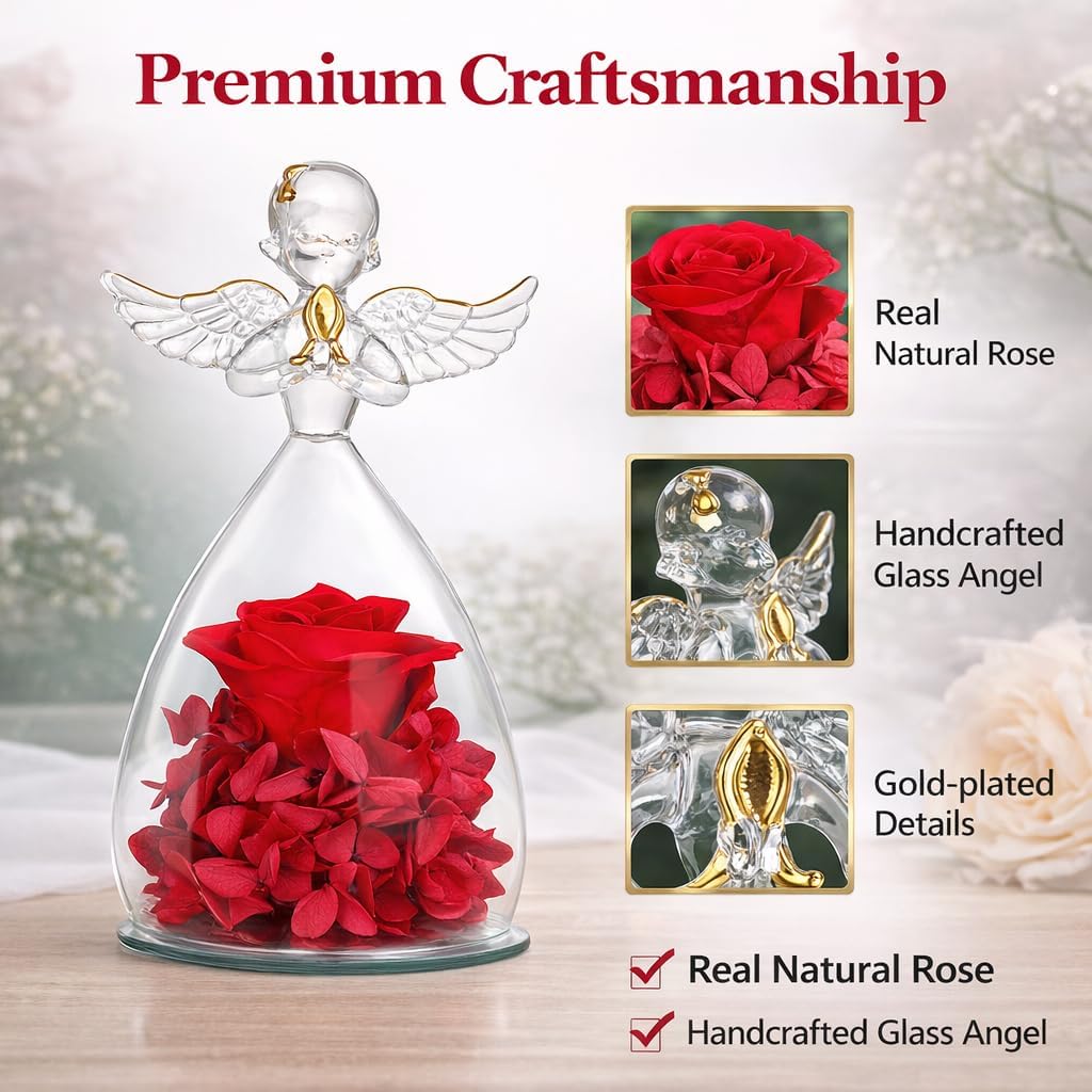 Angel Preserved Rose Gift for Her, Real Forever Rose in Glass Dome with Angel Figurine, Romantic Gifts for Mom Wife Girlfriend, Valentine’s Day Birthday Anniversary Home Decor