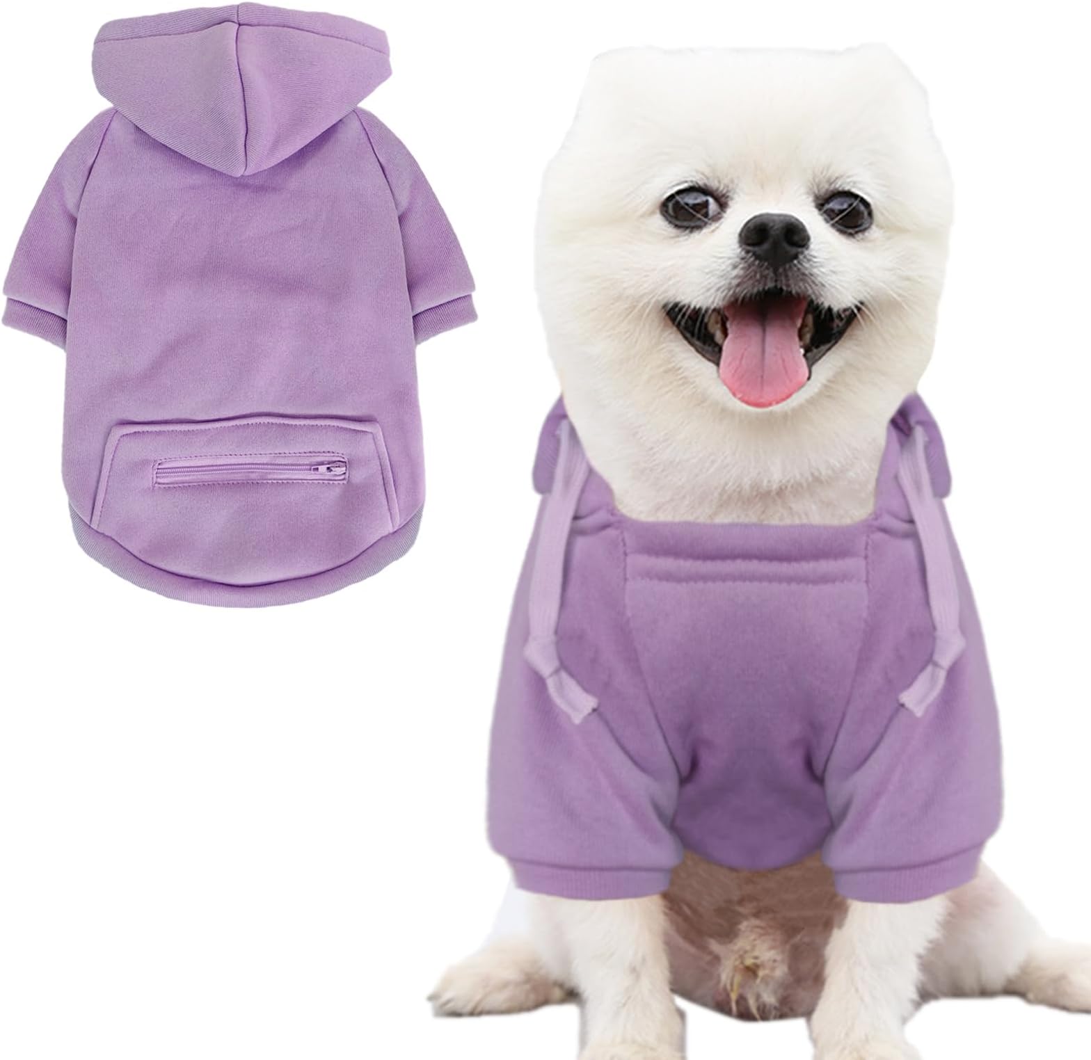 Jecikelon Dog Hoodies for Small Dogs with Zipper Pocket, Soft Fleece Puppy Clothes with Rope Hat, Warm Winter Outfits Cold Weather Coats, Cute Sweatshirt Chihuahua Costume (Purple, Large)