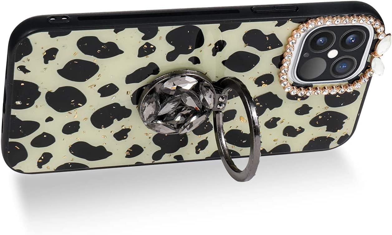 Aulzaju Case for iPhone 12 Pro Max for Women with Ring Kickstand Luxury Pretty Bling Diamond Glitter Girly Hard Back Cute Gold Sparkle Designer Sleek TPU Edge Bumper Phone Case 6.7 Inch Leopard
