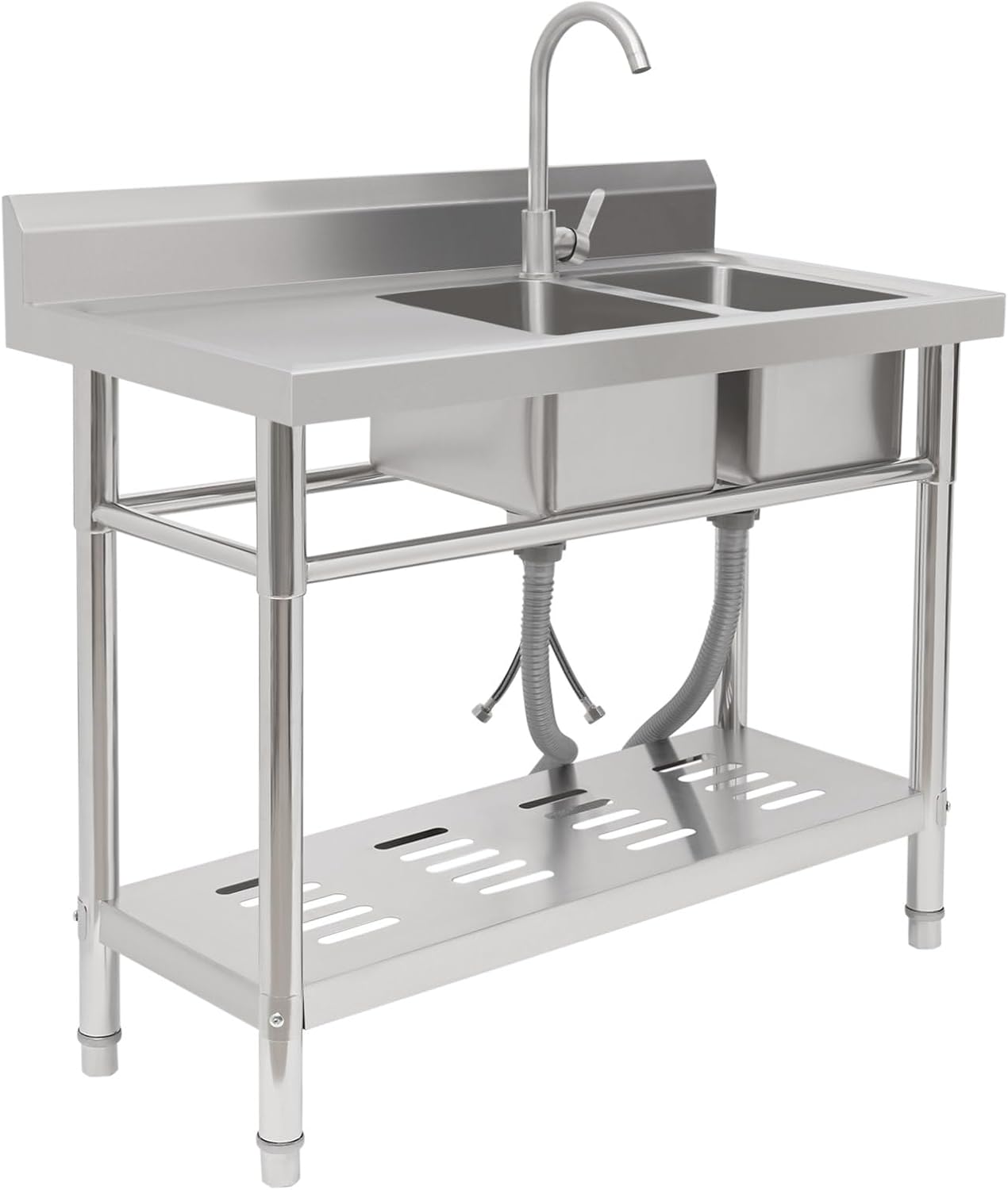 Free Standing Commercial Stainless Steel Kitchen Sink Set - 2 Basin Restaurant Sink with 360° Faucet, Adjustable Legs & Storage Shelf for Restaurants, Food Trucks, Laundry Rooms (Silver)