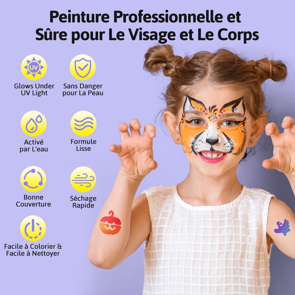 Janolia Palette Maquillage Enfant, 34 Couleurs Fluorescents UV Peinture Visage Enfant avec 3 Pinceaux, Peinture Corporelle, Kit Maquillage Enfant pour Carnaval Halloween Cosplay Fête D'anniversaire