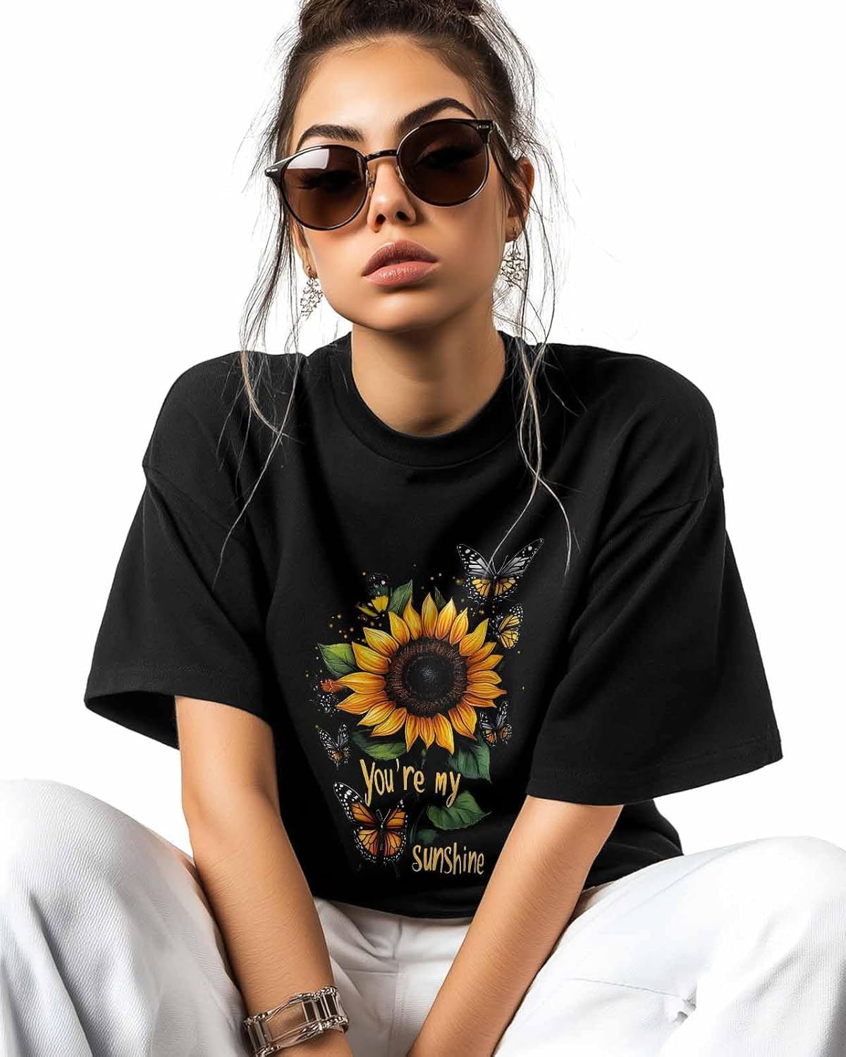 T-Shirt for Women, Sunflower Butterfly Watercolor - Image 2