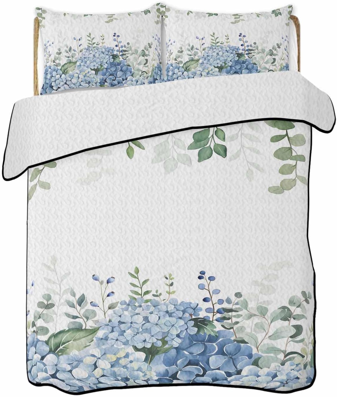 Quilt Sets King Size Green Eucalyptus Blue Hydrangea Comforter Set Lightweight Soft Bedspread Coverlet 3 Pieces Leaves Quilted Bedding Set with 2 Pillowcases Thin Bed Cover for All Season 98x106