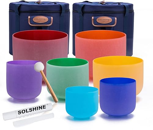 SOLSHINE Juego de 7 cuencos de cristal de colores de 6 a 12 pulgadas para meditación y sanación de sonido con 2 bolsas de transporte de viaje y