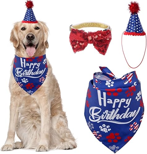 Bandana de cumpleaños para perros con sombrero de fiesta, lazo para mascotas, juego de cumpleaños triangular, suministros de bufanda azul para