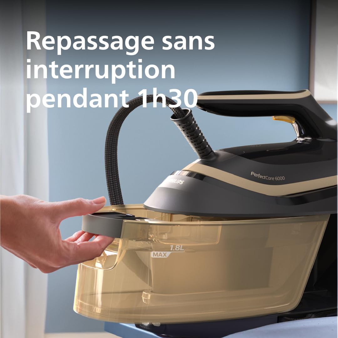 Philips Centrale Vapeur PerfectCare Série 6000 - Puissance 2400W, Effet Pressing 600g, Pression 8 bars, Technologie OptimalTEMP, Semelle SteamGlide advanced, Réservoir 1.8L, Noir/Doré (PSG6064/80)