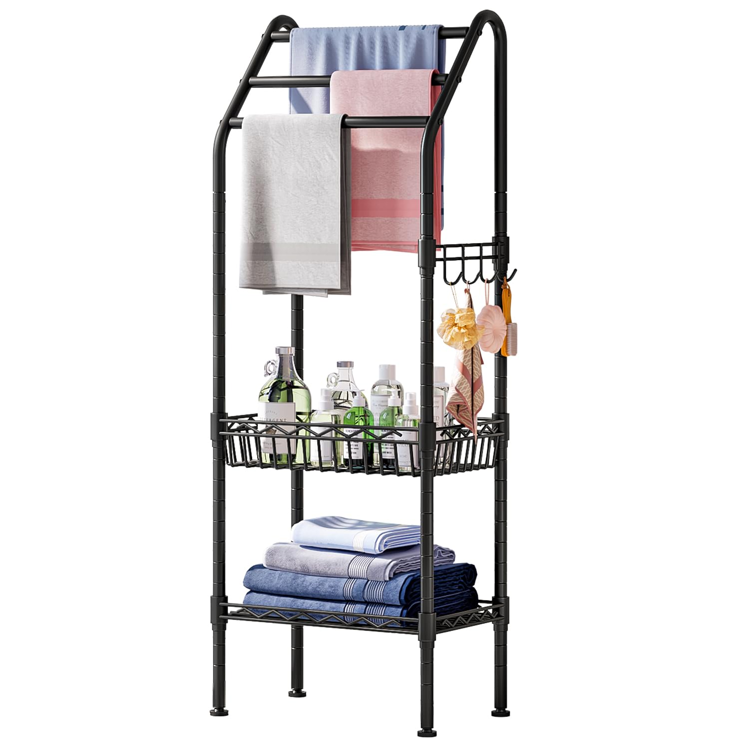 Taotigzu Freestanding Towel Rack 3 Tier,Metal Towel Rail with Storage Basket and Shelf,Adjustable Bathroom Storage Organizer for Swimming Pool,Bathtub,53.1”H x 16.1”W x 11.8”D (3 Tier with basket)
