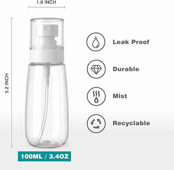 3pack Small Spray Bottle, 3.4oz Travel Spray Bottles, Empty Spray Bottles, Refillable Plastic Spray Bottles with 9pcs Labels (Clear+Green+Pink)