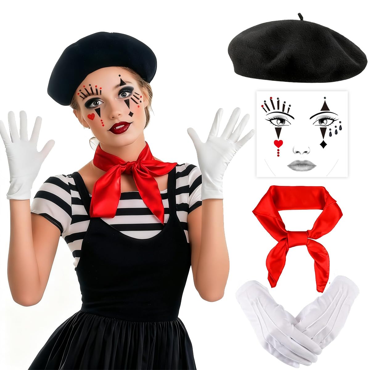 EduPlayte Carnival Pantomime Costume Set for Women and Men Black Hat, Red Cloth, White Gloves, Face Tattoo Fancy Dress Party Costume Accessories for Carnival Theme Parties