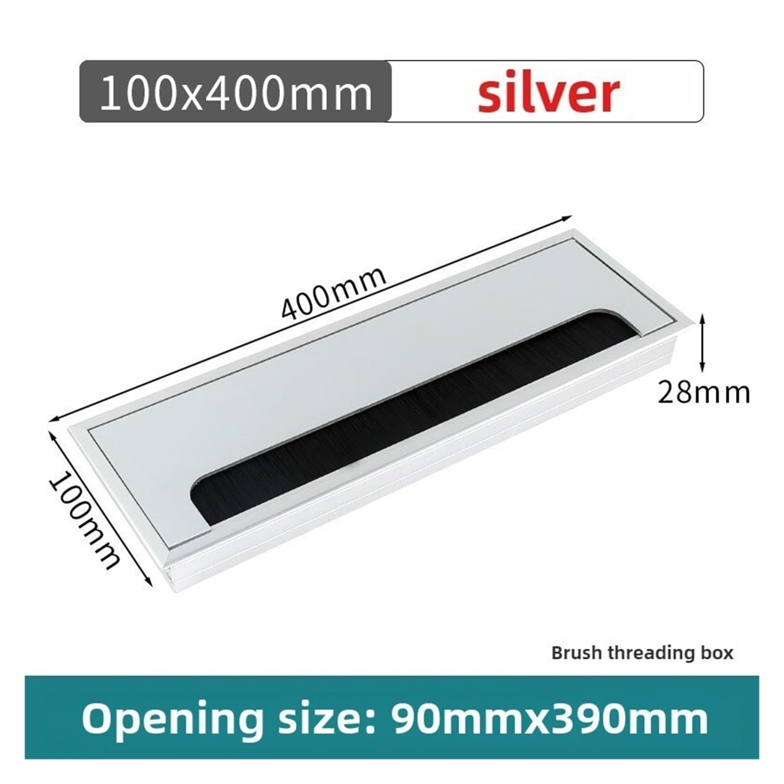 Cable cuadrado de aleación de aluminio para escritorio con cepillo negro, 1 funda de puerto de cable a presión para mesa de ordenador, cubierta de agujeros de gestión de cables (plata 100 x 400 mm)