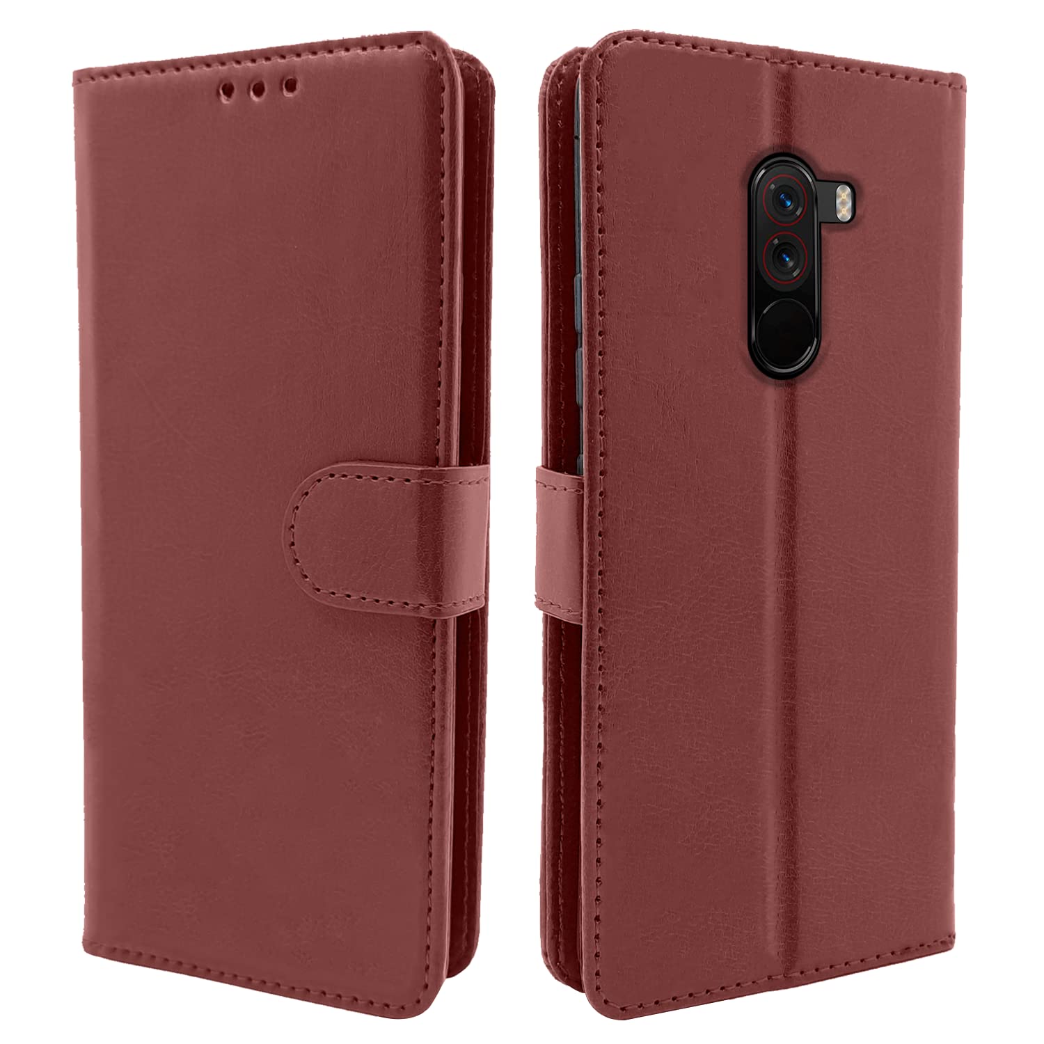 Pikkme Poco F1 Flip Case Leather Finish | Inside TPU with Card Pockets | Wallet Stand and Shock Proof | Magnetic Closing | Complete Protection Flip Cover for Poco F1 (Brown)