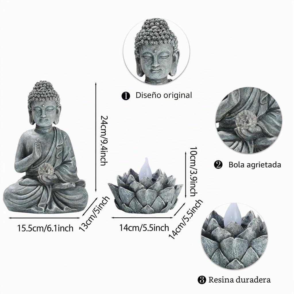 TERESA'S COLECTIONS - Decoración de jardín al Aire Libre Buda con Loto Solar, Juego de 2 Adornos de Buda meditando Luces solares para Exteriores, Decoraciones para el jardín, Regalo para Mujer