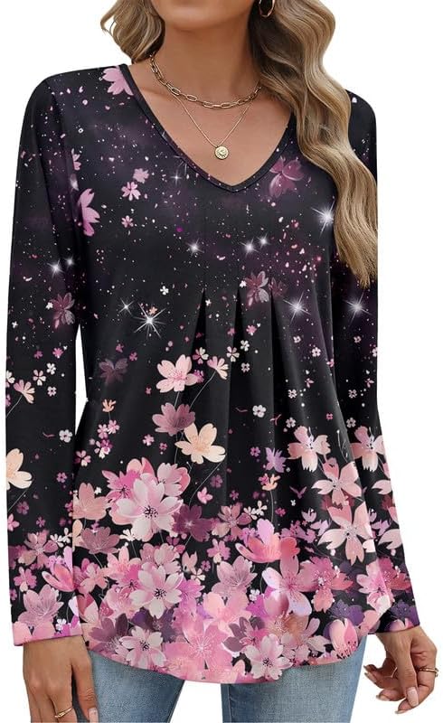 Misakia Women Long Sleeve Top V Neck Casual Shirt Loose Fit Fall Blouse Trendy Tunic Clothes 2025