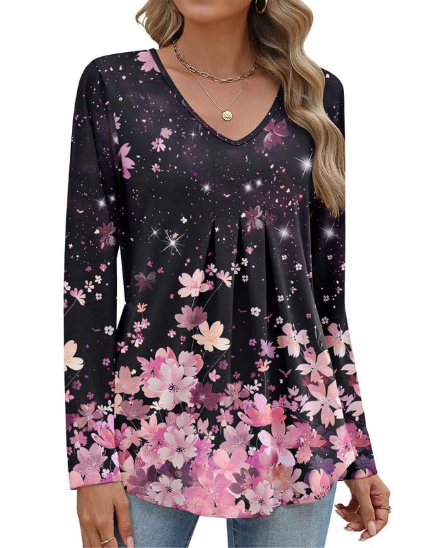 Women Long Sleeve Top V Neck Casual Shirt Loose Fit Fall Blouse Trendy Tunic Clothes 2025