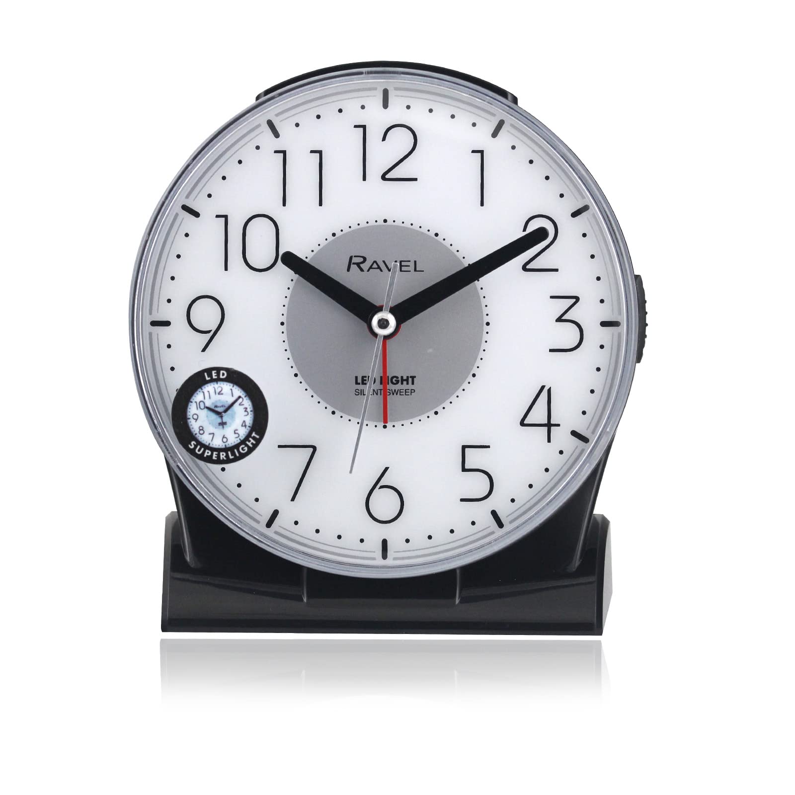 Ravel Black - Large Contemporary Bedside/Mantel Quartz Alarm Clock With Silent Sweep Second Hand, Snooze And Full Led Superlight - Rc036.3