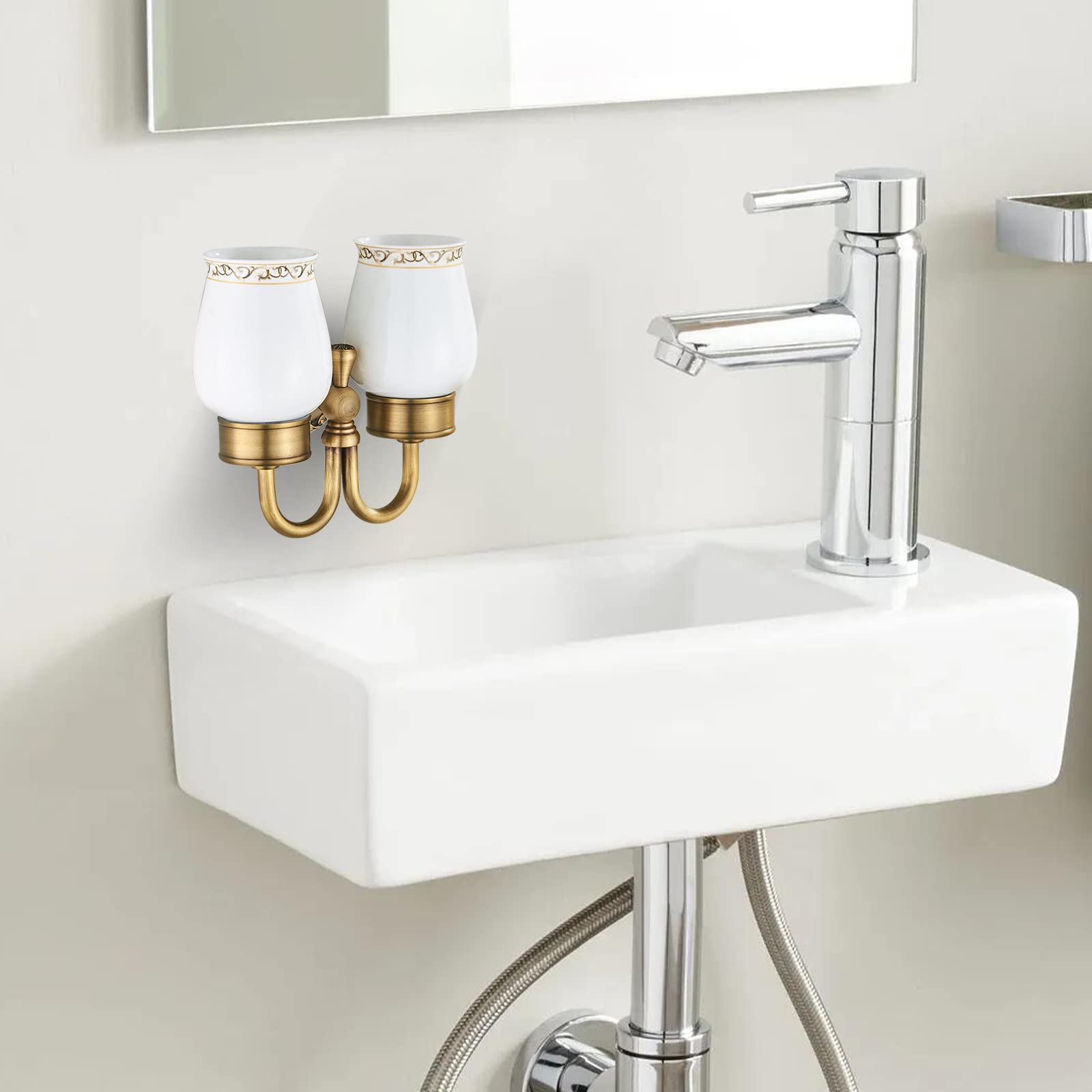Weare Home Antike Zahnputzbecherhalter, Messing Zahnbecherhalter,Retro Klassic Solide Kupfer Zahnbürstenhalter und Keramik Glas Form Doppelt Zahnbürstenhalter