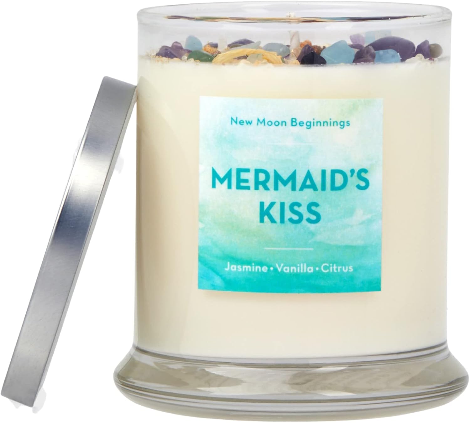 Mermaid's Kiss Candle by New Moon Beginnings - Ocean Candle - Mermaid Candle - Dried Flower, Herb, & Crystal Candles - All Natural Soy Candle - Sweet & Citrus - 12oz Glass Jar