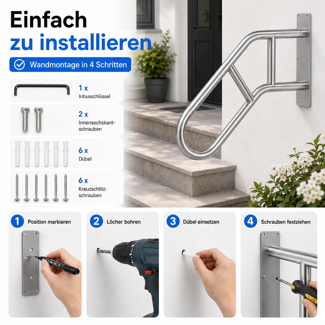 60cm U-förmiger Handlauf Edelstahl 1-3 Stufen Silber Matt Handlaüf Außen