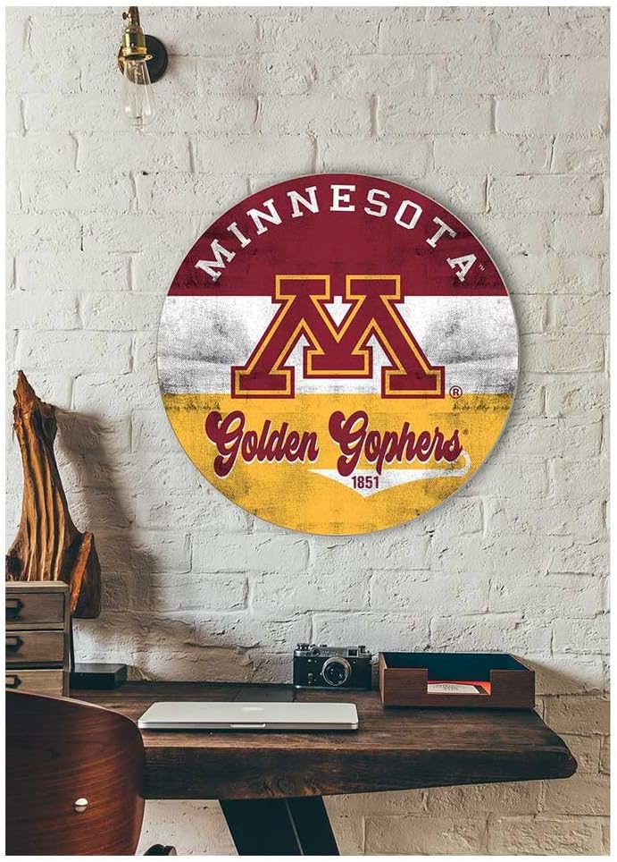 KH Sports Fan Minnesota Golden Gophers Multi-Color Retro Circle Sign, 20x20 Inches, Golden Gophers Decor for Dorm Room, Bedroom, Fan Cave, Living Room; Display Your Team Spirit with This Unique Minnesota Golden Gophers Wall Art