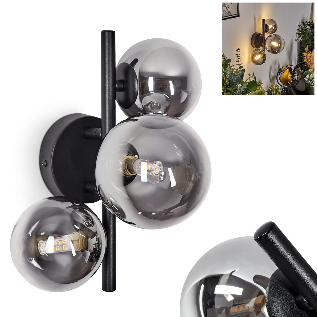 Wall Light Chehalis, wall lamp Made of Metal/Glass in Black/Smoke, Light in Modern Design, with Round lampshades Made of Glass, 1-Flame, 3 x G9, Without Bulbs