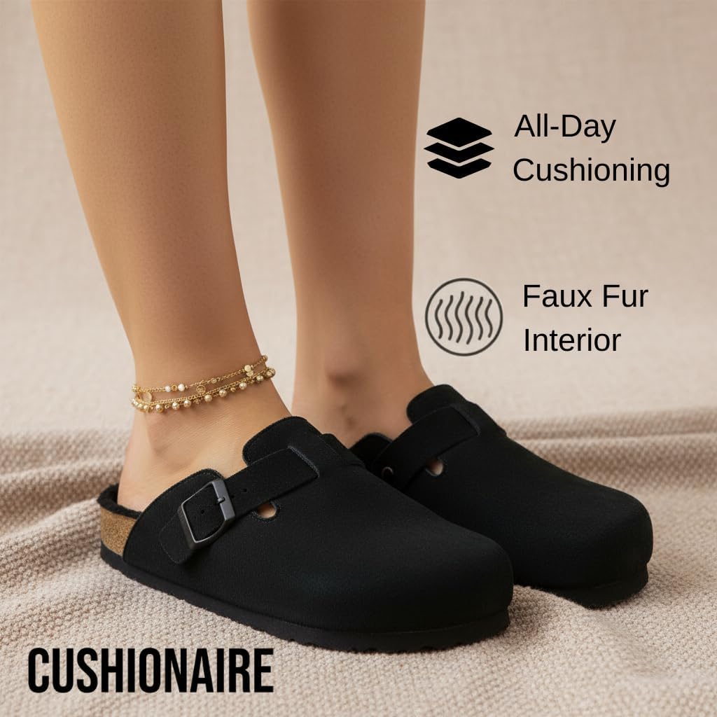 CUSHIONAIRE Women's Hana Cork footbed clog with Genuine Leather upper, Faux Fur lining, and +Comfort - Image 4