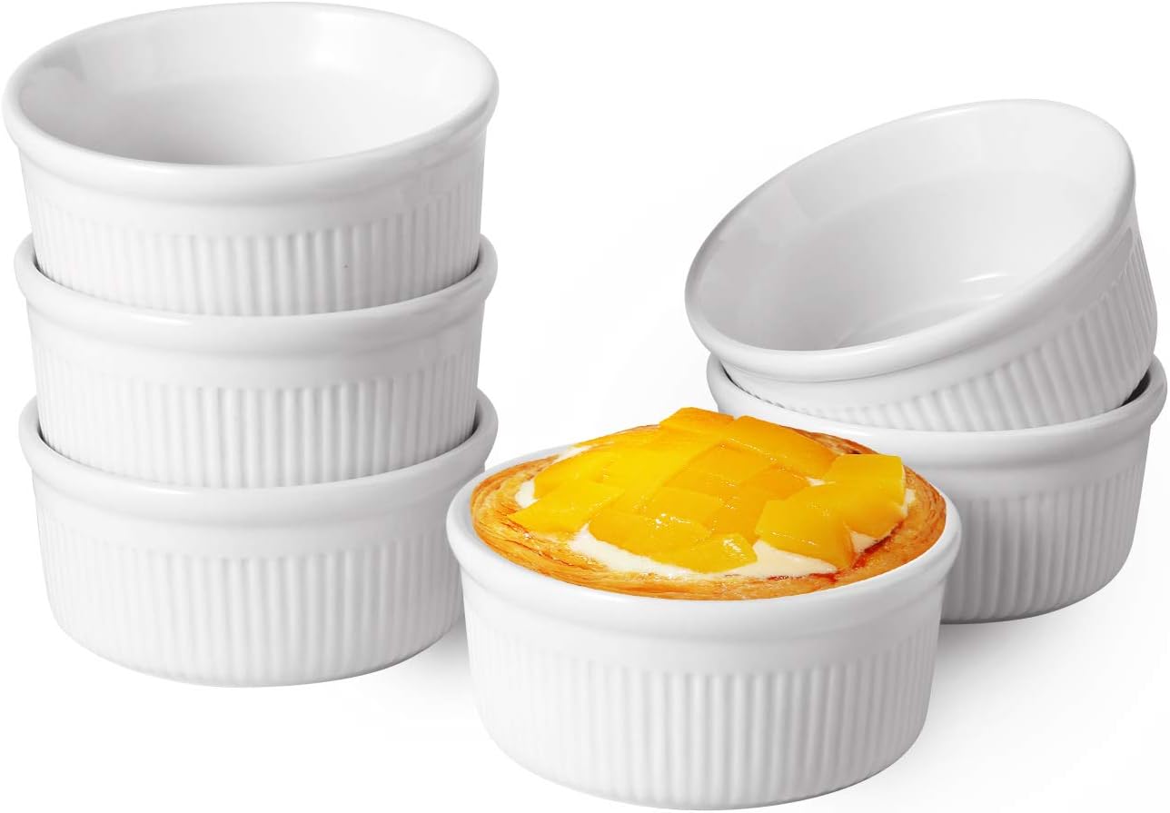 T4U 6oz White Porcelain Ramekins, Baking Cups for Souffle, Creme Brulee