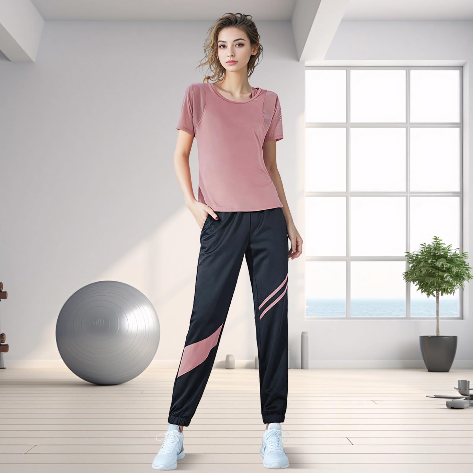 Ensemble de Pilates noir pour femme, haut et bas noir, taille XXL, taille extensible, polyester-élasthanne évacuant l'humidité, rose, Taille unique