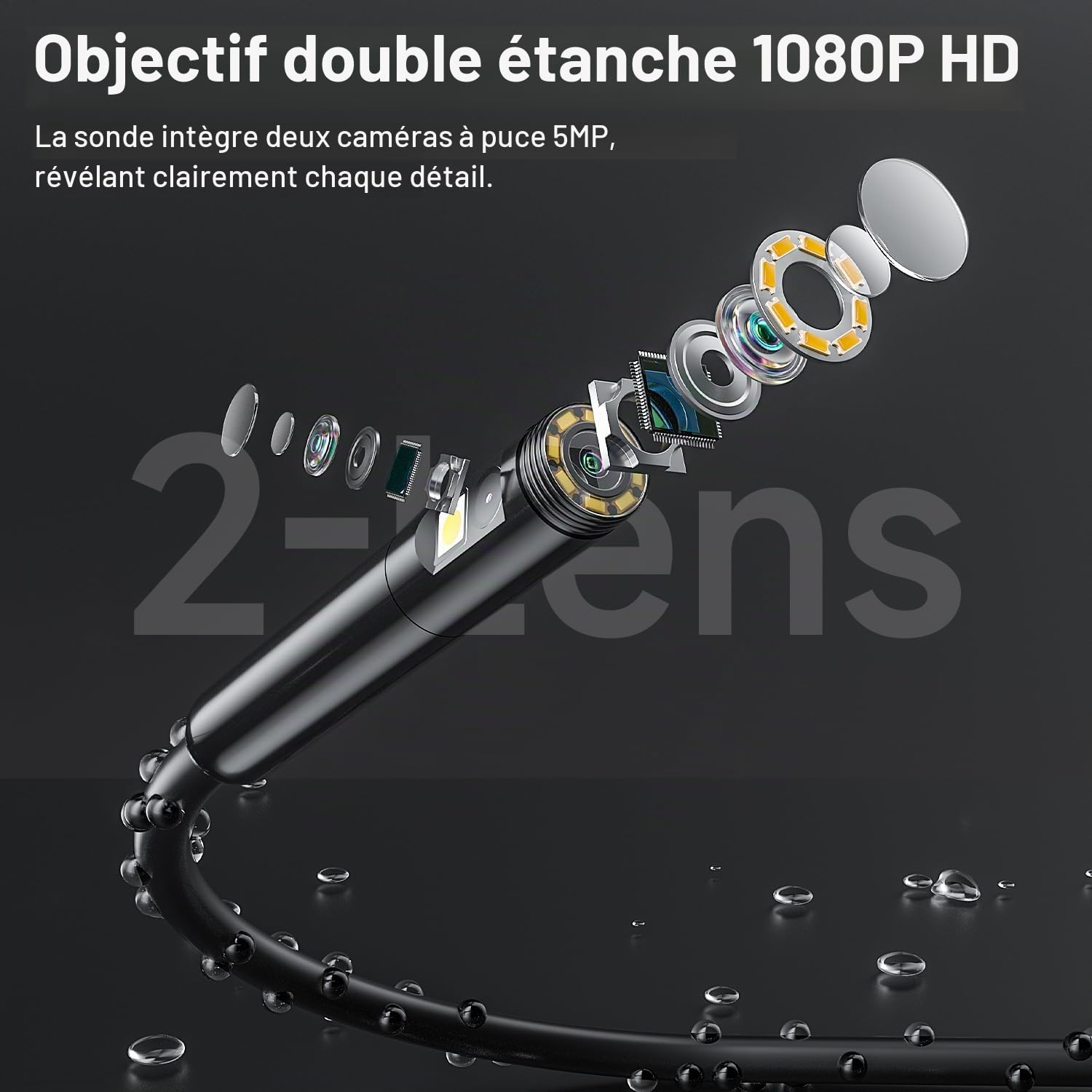 Endoscope numérique HD Industriel 1080p à Double Objectif, caméra d'inspection Endoscope IPS de 5,0" avec étanchéité IP67 et 8 lumières LED, câble Semi-Rigide de 5M.