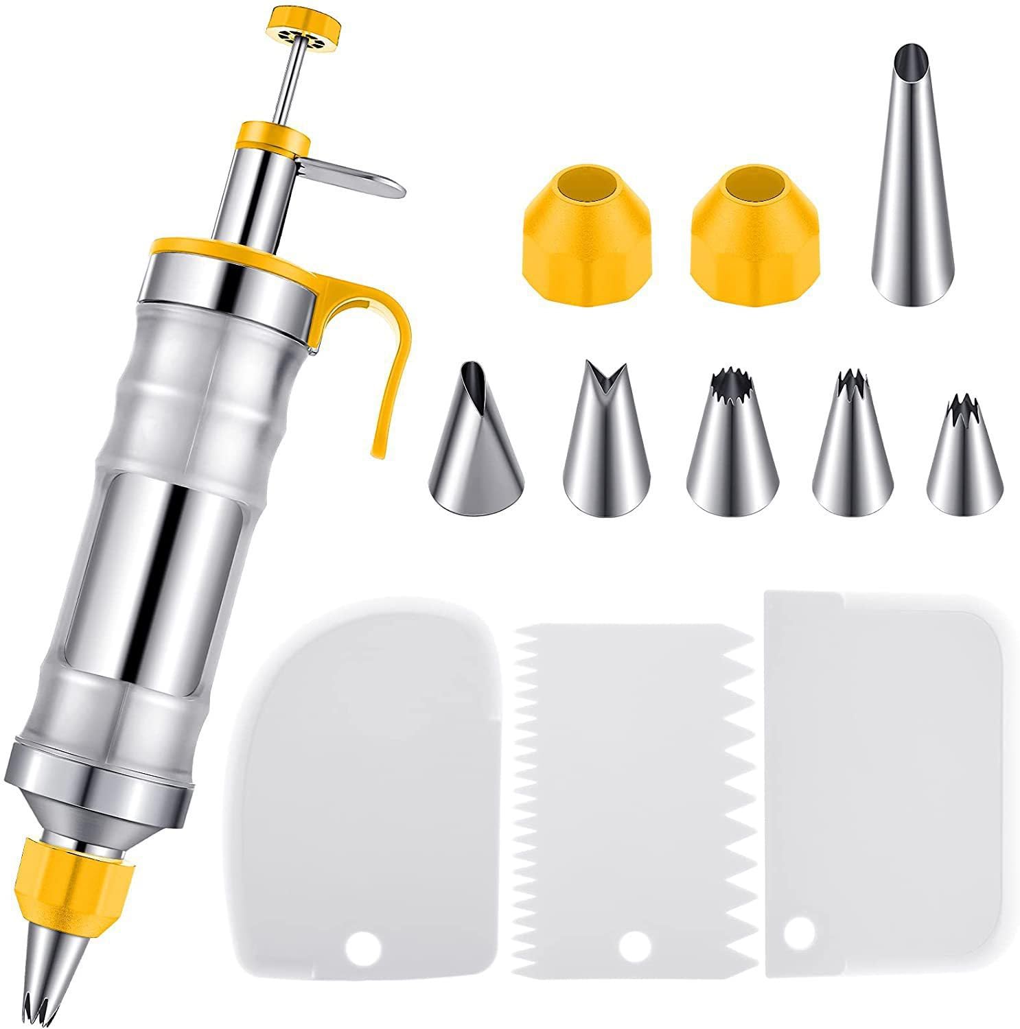 Juego de jeringas para decoración de postres, kit de tubería de glaseado de acero inoxidable para decoración de pasteles con espátula, kit de decoración de cupcakes, juego de bolsas y puntas (amarillo