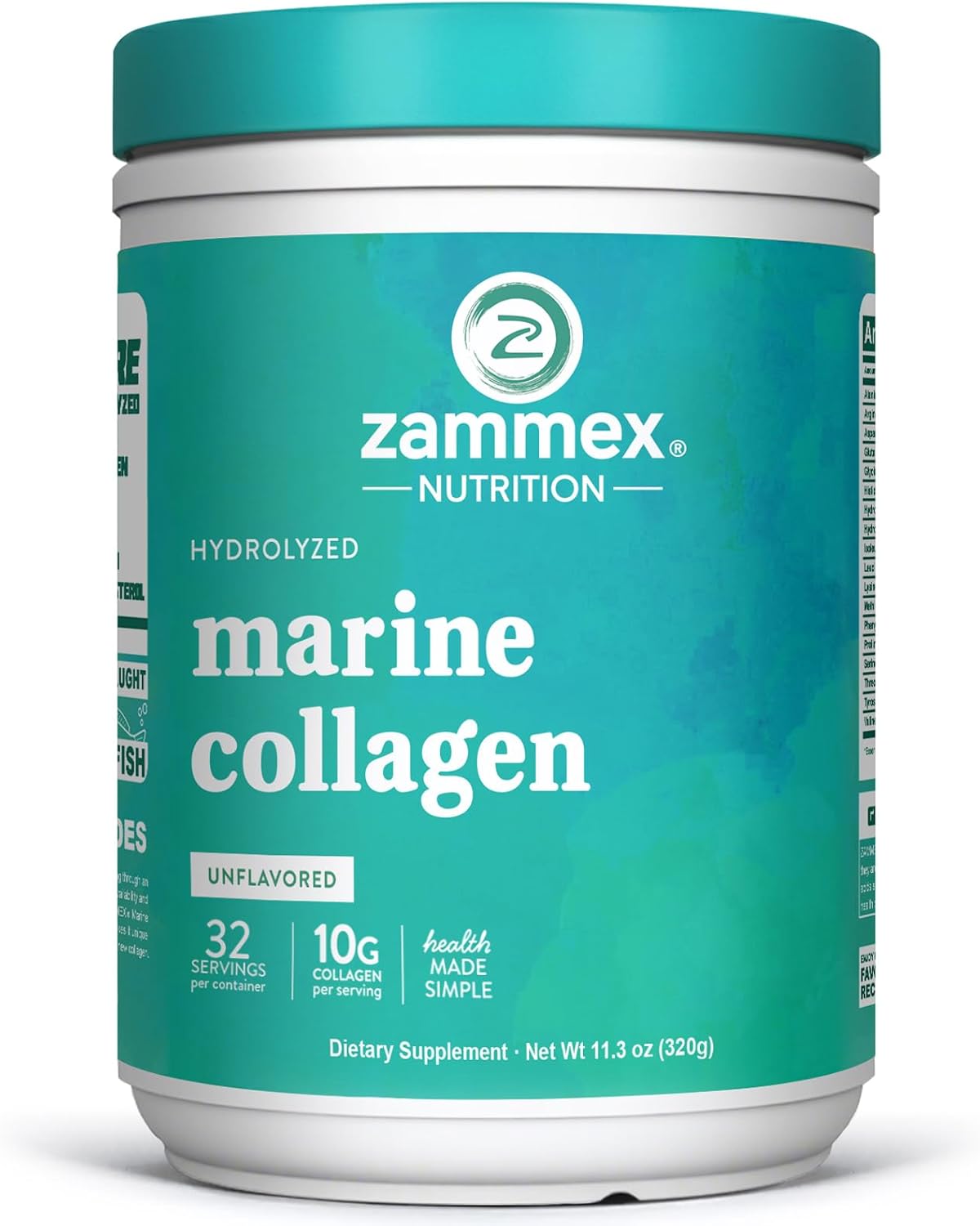 Zammex Marine Collagen Peptides Powder Unflavored, Wild-Caught Fish Collagen Powder, Supports Healthy Skin, Hair, Joints, Type 1 & 3 Collagen Supplement for Women - Easy to Mix. (32 Servings)
