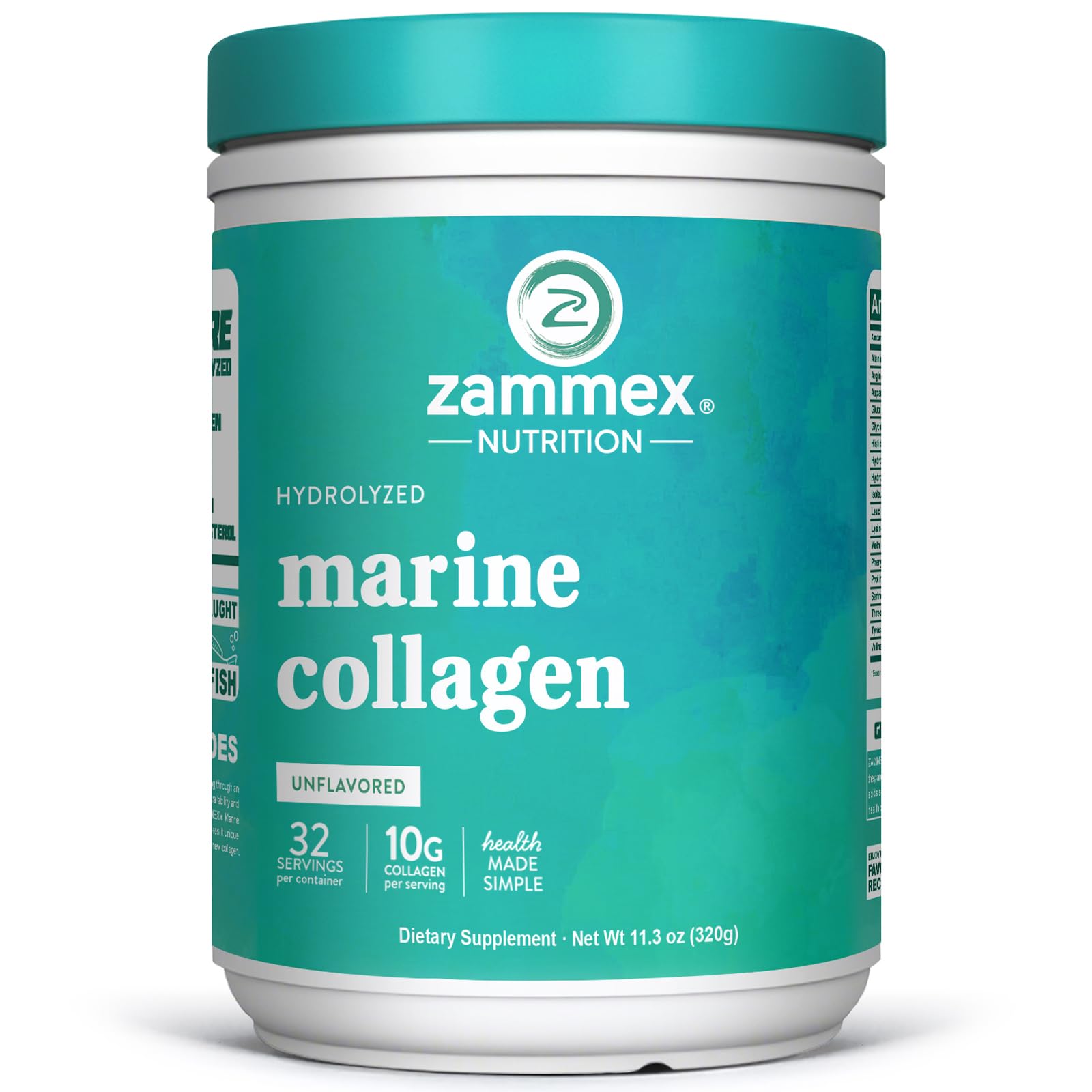 Zammex Marine Collagen Peptides Powder Unflavored, Wild-Caught Fish Collagen Powder, Supports Healthy Skin, Hair, Joints, Type 1 & 3 Collagen Supplement for Women - Easy to Mix. (32 Servings) Unflavored-NEW 11.3 Ounce (Pack of 1)