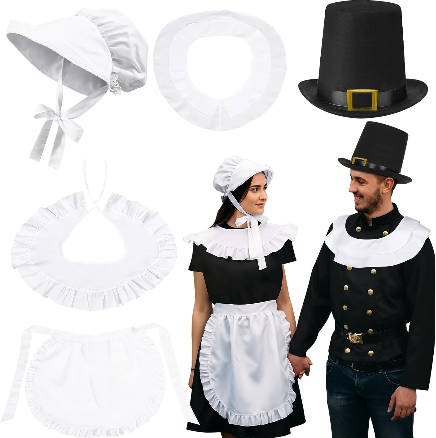 5 Pcs Thanksgiving Couple Costume Pilgrim Costume Women Colonial Set White Bonnet Shawl Apron and Men Pilgrim Set Hat in Black Color Shawl for Halloween Cosplay Adults Dress up Accessories