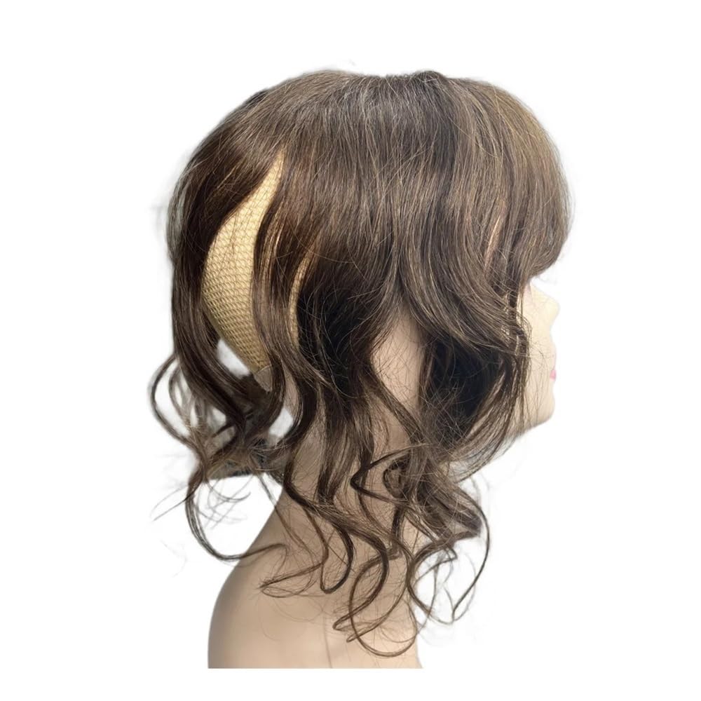 Topper de cheveux humains bouclés de vague de corps de 14 pouces for les femmes, avec 3 clips, postiches avec frange Extensions de cheveux(Dark Brown)