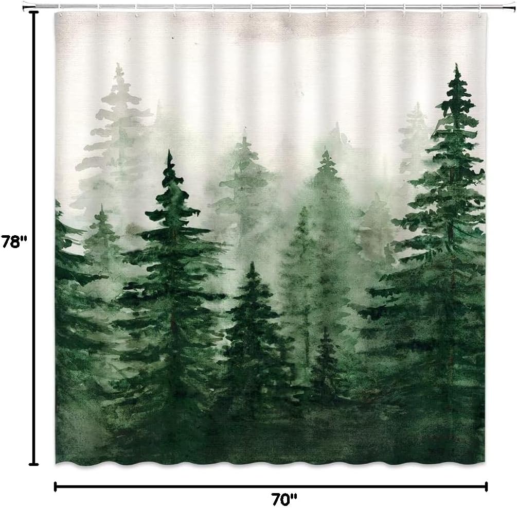 Rustic Forest Shower Curtain Watercolor Pine Trees Abstract Oil Painting Foggy Woods Fantasy Nature Landscape Bathroom Decor Fabric Bathroom Sets with Hooks,Green