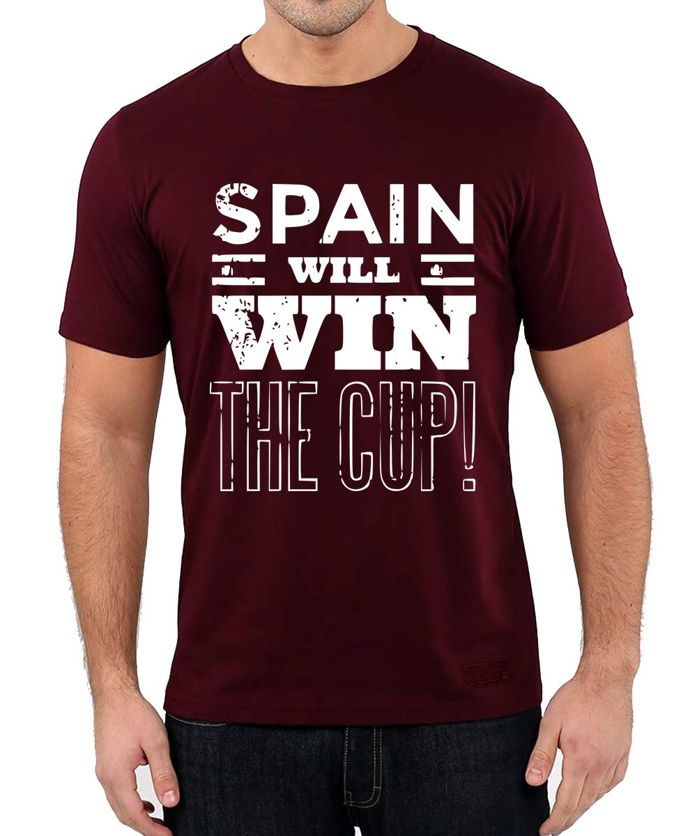 CaseriaMen's Round Neck Cotton Half Sleeved T-Shirt with Printed Graphics - Spain Will Win (Maroon, SM)