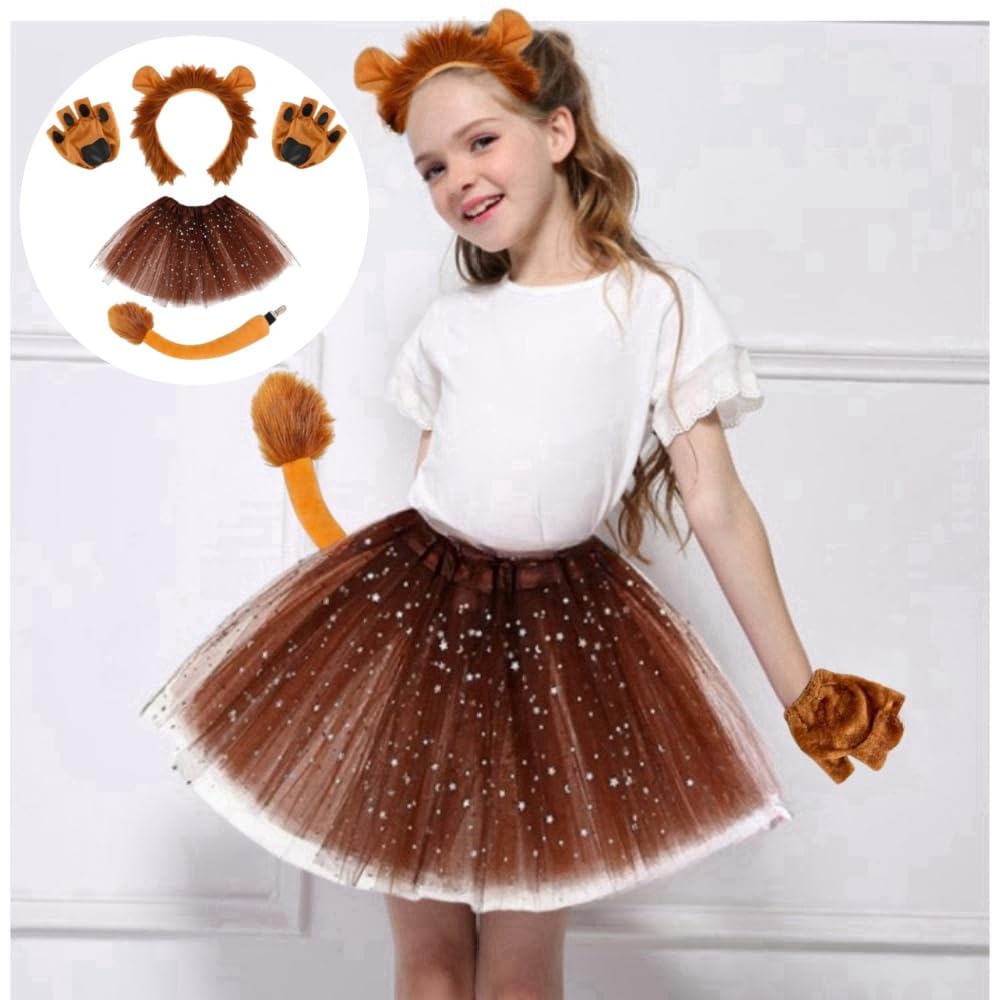 Set di costumi da leone: kit da 4 pezzi con orecchie da leone, guanti, coda e gonna tutù, perfetto per bambini e adulti, cosplay, Halloween, compleanno, carnevale, spettacoli teatrali