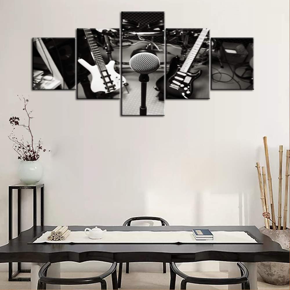 Stampa artistica da parete in bianco e nero con DJ Music Studio Rock Band Stampe su tela Decalcomanie decorative per soggiorno camera da letto immagini moderne di natura morta 5 pannelli poster HD