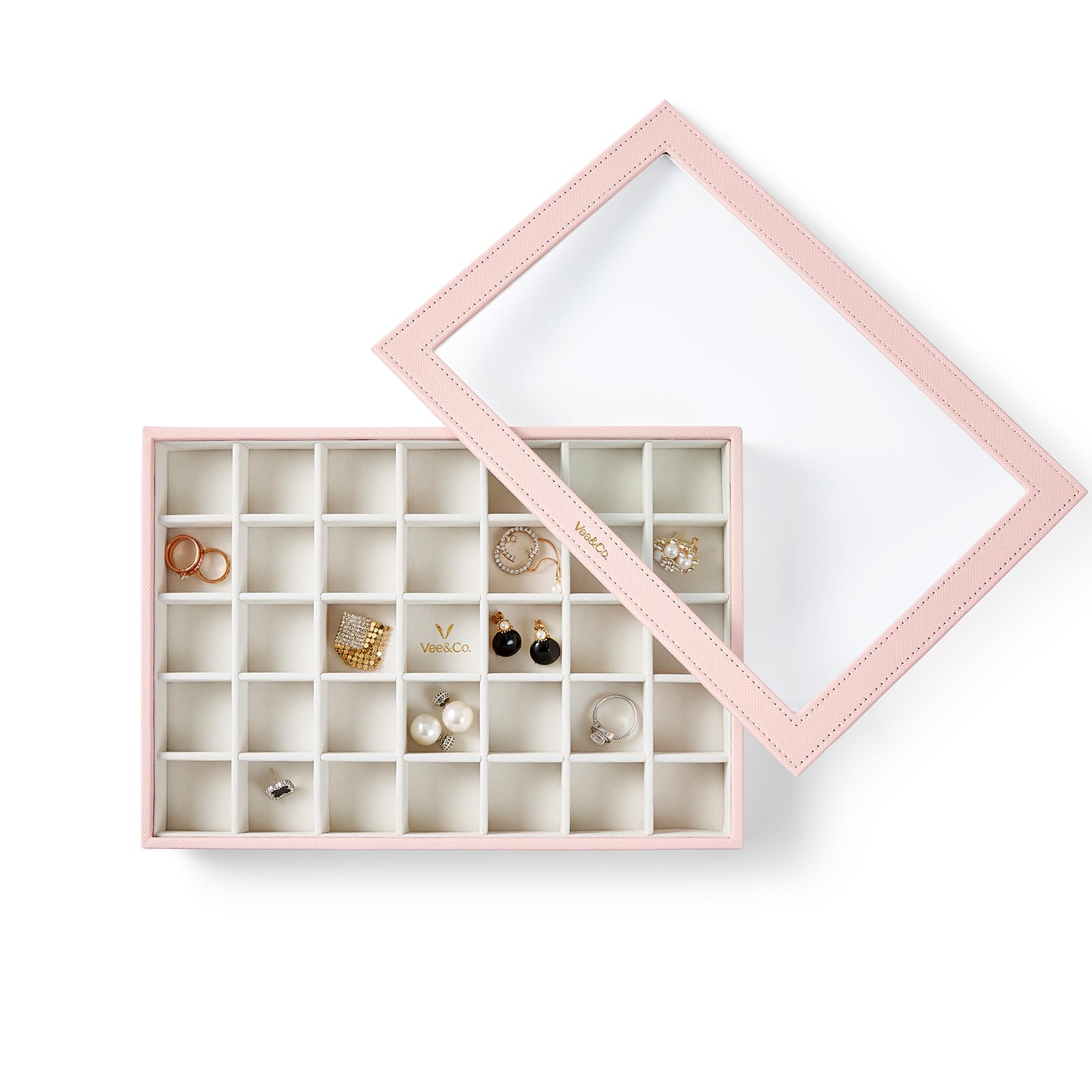VEE&CO. Vee Stackable 35 Gird Jewelry Tray with Stalinite Lid, High-Capacity Jewelry Display Showcase Organizer Holder for Necklace, Bracelet, Ring, Earring (Pink)
