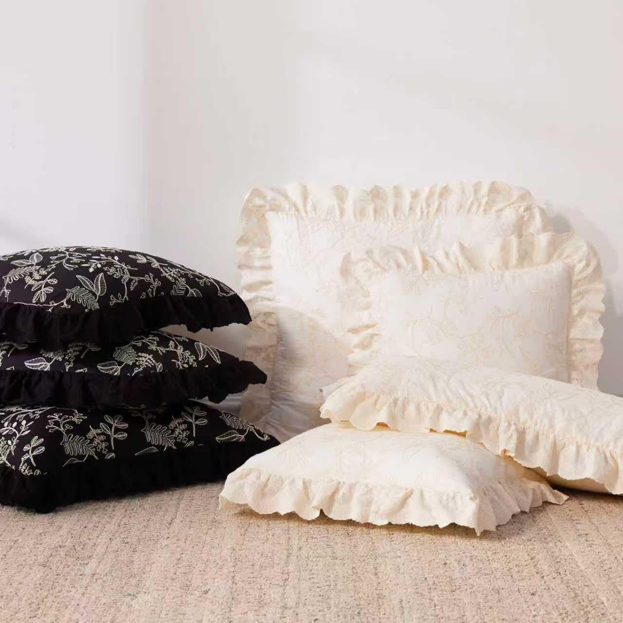 Hausfrau 14x24 Throw Pillow Covers Set of 2, French Style Florals Embroidered & Lace Ruffle Trim Pillowcase Chic Decorative Pillow Sham for Sofa, Wedding, Black