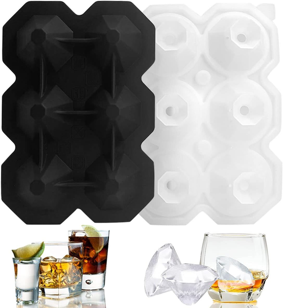 IBAMA ICEDMD17-BK 8 Cavity Reusable Ice Cube Tray Diamond Ice Mold Maker Silicone Ice Ball Mold, Easy Release Ice Cube Molds Trays for Cocktails, Juice, Whiskey, Beverage, Beer, BPA Free (Black)