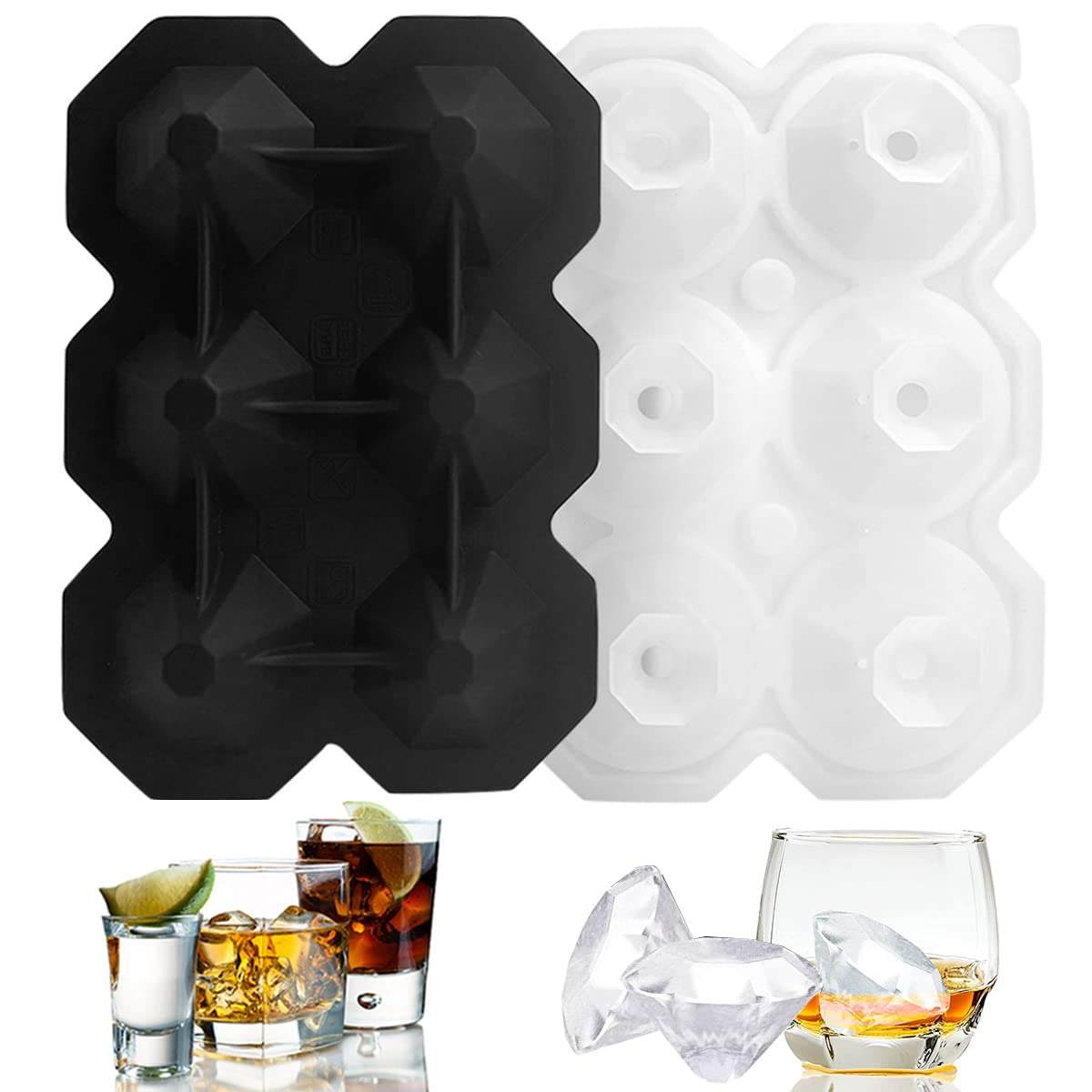 IBAMAICEDMD17-BK 8 Cavity Reusable Ice Cube Tray Diamond Ice Mold Maker Silicone Ice Ball Mold, Easy Release Ice Cube Molds Trays for Cocktails, Juice, Whiskey, Beverage, Beer, BPA Free (Black)