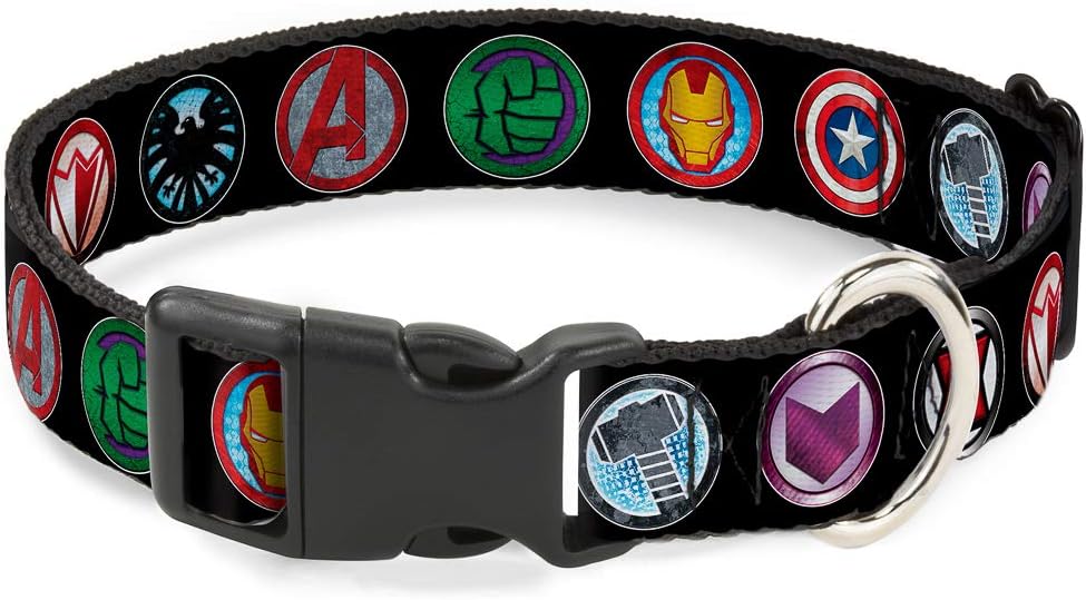 Buckle-Down 9Avenger Icons Black/Multi Color Marvel Avengers Plastic Clip Collar, Wide Small/13-18"