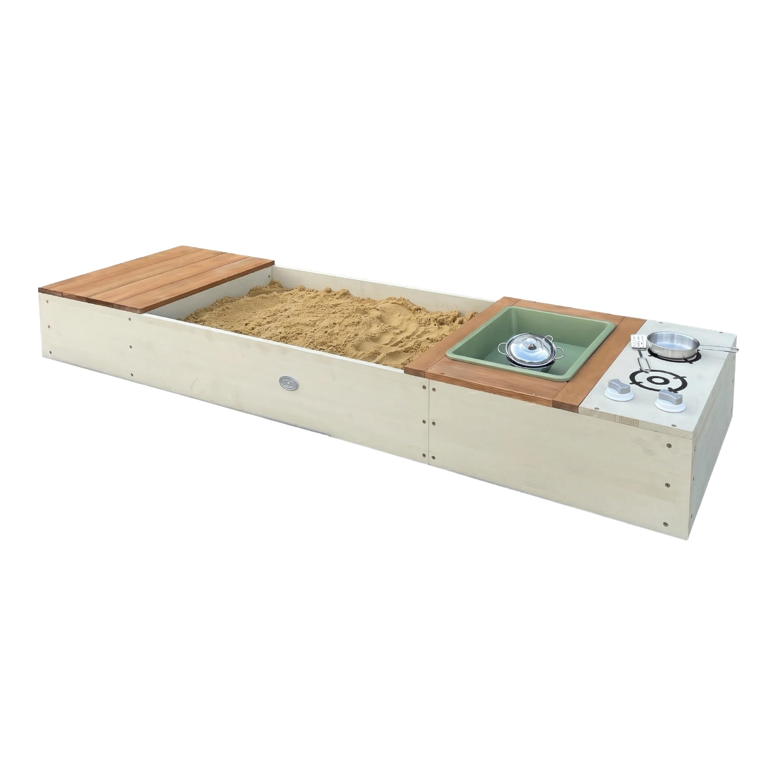 AXI Pippa Wooden Sandpit – Beige/Brown | Includes play kitchen and storage bench, seating and storage space – 6-piece play kitchen set | With base lining and protective cover | 160 x 50 x 20 cm